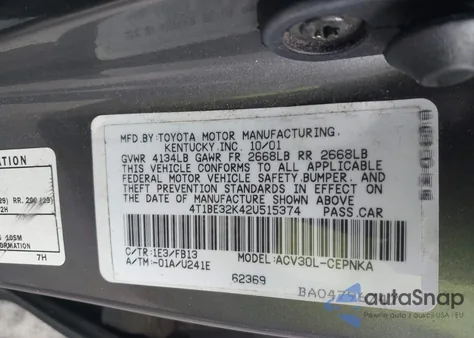 2002 Toyota Camry Le from USA, damaged, VIN 4T1BE32K42U515374